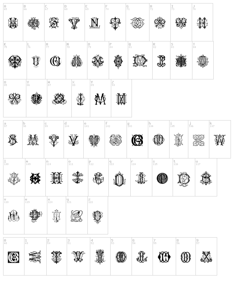 Intellecta Monograms Random Samples Three font map